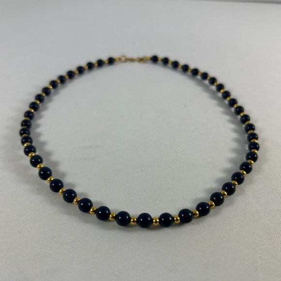 Vintage Monet Navy Blue Gold Tone Beaded Necklace Classic Delicate Career - Picture 3 of 8
